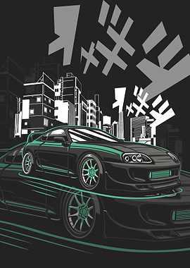 Toyota Supra in Cityscape Illustration