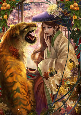 Tiger and Woman in Kimono Illustration