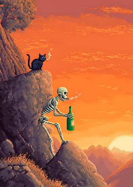 Pixel Art Skeleton and Cat