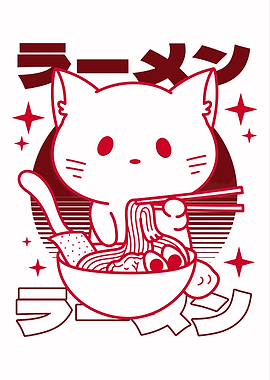Cute Cat Eating Ramen