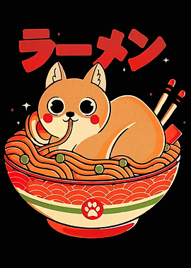 Cute Dog in Ramen Bowl Illustration