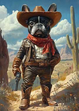 French Bulldog Dog Cowboy in Desert Landscape | Wild West Animal Art