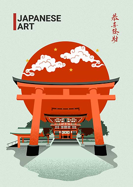Japanese Art: Torii Gate and Temple