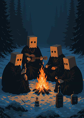 Campfire Gathering with Bag-Headed Figures
