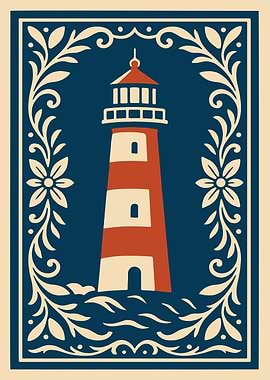 Lighthouse Illustration with Floral Border