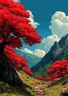 Red Trees in Mountain Valley Landscape