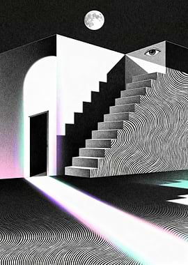 Surreal Staircase with Eye and Moon