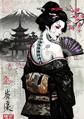 Cyberpunk Geisha with Fan and Mount Fuji
