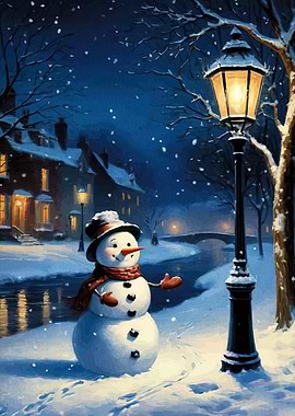 Snowman in Winter Night Landscape