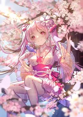Anime Girl in Cherry Blossom Tree