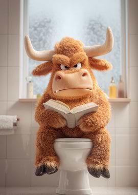 Cartoon Bull Reading on Toilet