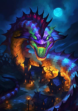 Dragon over Village Night