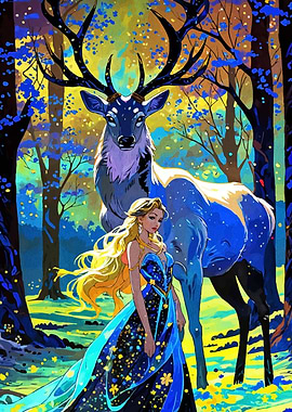 Woman and Deer Enchanted Forest