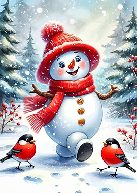 Watercolor Snowman with Birds in Winter