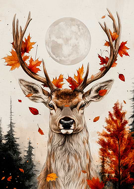 Deer with Autumn Leaves and Moon