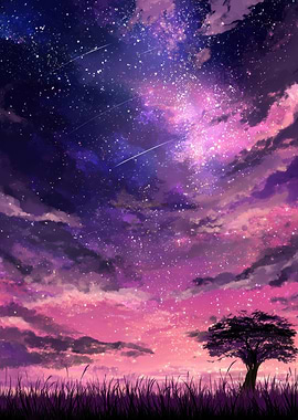 Starry Night Landscape with Tree