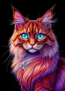 Colorful Cat Portrait with Blue Eyes