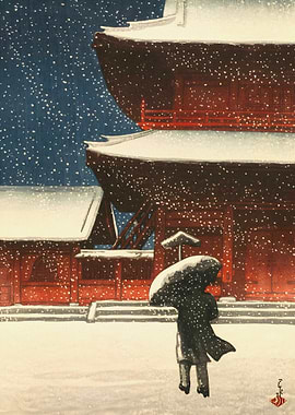 Japanese Temple in Winter Snowfall