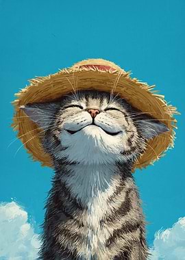 Happy Cat with Straw Hat