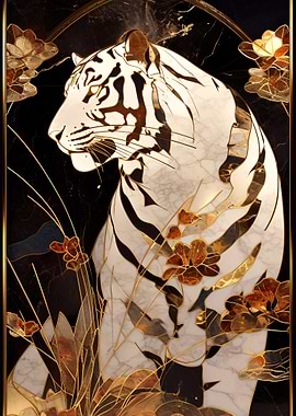 Marble Tiger with Golden Floral Accents