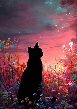 Black Cat in a Floral Field