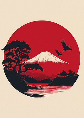 Japanese Landscape with Mount Fuji and Cranes