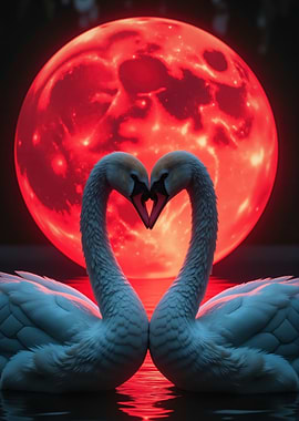 Swans in Love with Red Moon