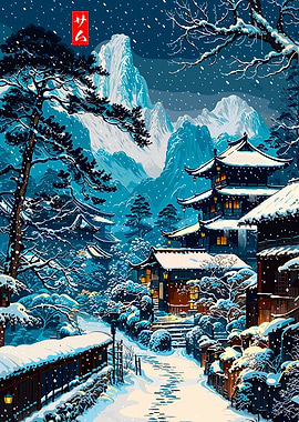 Winter Japanese Village Landscape