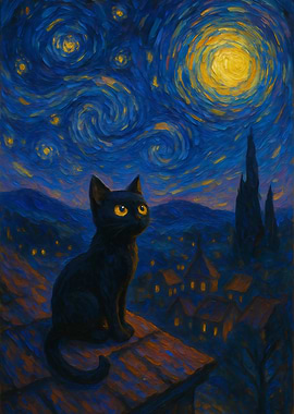 Black Cat Starry Night Painting