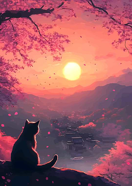 Cat watching sunset in cherry blossom
