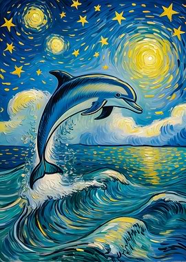 Cosmic Waves A Dolphin’s Dance in the Night Sea Van Gogh style painting art