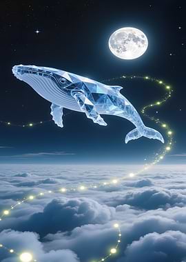 Crystal Whale Flying Above Clouds