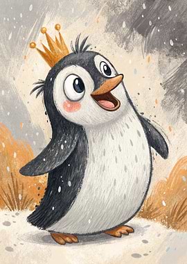 Cartoon Penguin with Crown Illustration