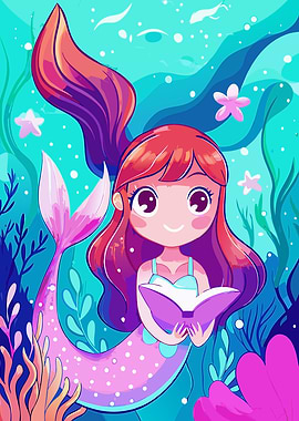 Mermaid Reading Book Underwater Illustration