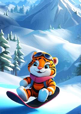 Tiger Snowboarding Winter Landscape