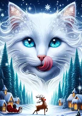 Winter Cat and Reindeer Christmas Scene