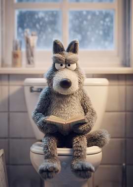 Wolf Reading on Toilet
