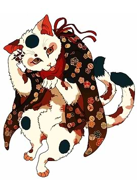 Japanese Cat with Kimono Illustration