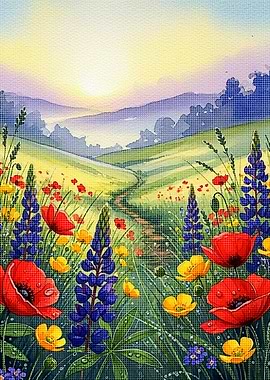Watercolor Meadow with Poppies and Lupines