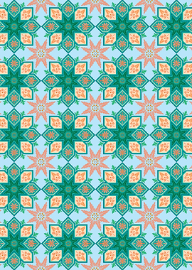 Floral Geometric Pattern in Teal and Peach