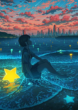 Girl on Beach with Star Lights