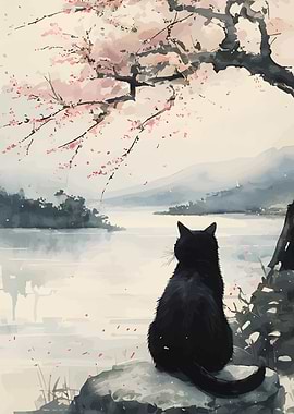 Black Cat Contemplating Lake and Cherry Blossoms