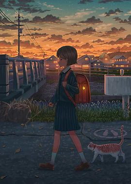 Girl and Cat at Sunset