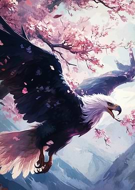 Eagle soaring cherry blossoms