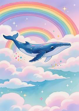 Whale in the clouds with rainbow
