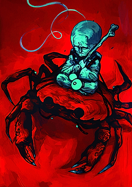 Boy Riding Crab in Red Landscape