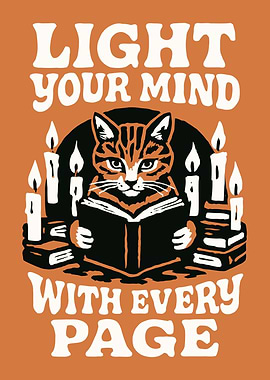 Cat Reading Book with Candles