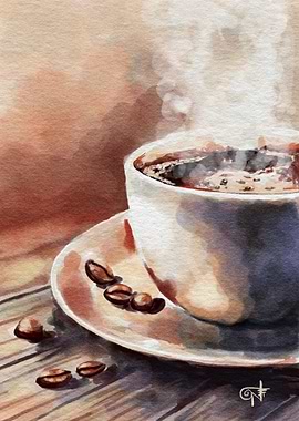 Watercolor Coffee Cup with Beans