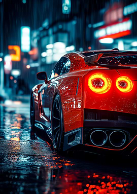 Red Sports Car in Rainy Cityscape