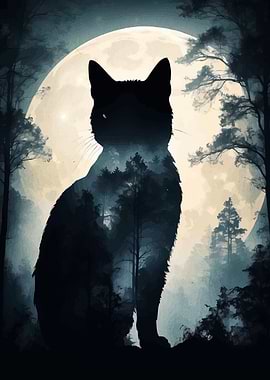 Black Cat Silhouette with Forest Double Exposure